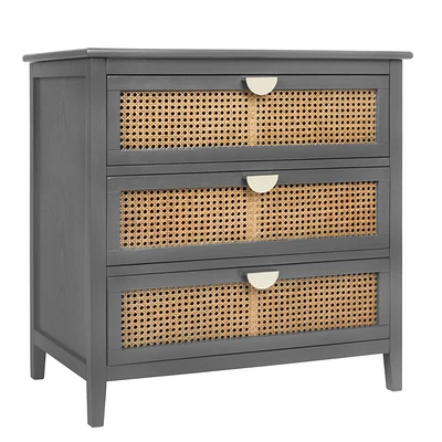 3 Drawer Storage Cabinet Rattan Dressers Chest of Drawers Entryway Cabinet Bedside Table Dresser for Bedroom Living Room, Grey