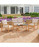 4 Pieces Outdoor Patio Pe Wicker Conversation Bistro Set with Acacia Wood Frame