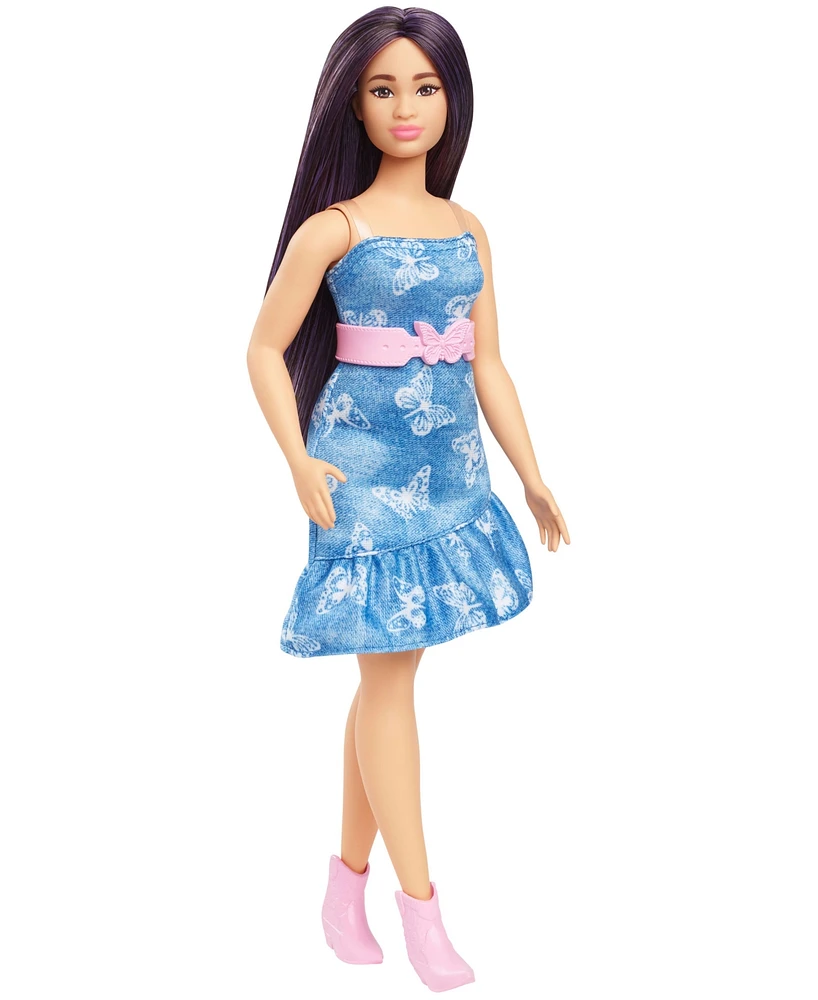 Barbie Fashionistas Doll 231 in Denim Butterfly Dress with Pink Belt, Purple Hair