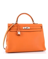 Pre-Owned HERMES Kelly 35 Handbag Orange Clemence with Palladium Hardware