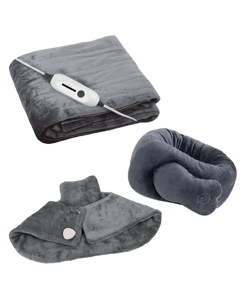 Ultimate Cozy Comfort & Relaxation Bundle – Heated Blanket, Neck & Shoulder Heating Pad, and Massaging Wrap