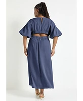 June + Vie Women's Plus Puff-Sleeve Babydoll Maxi Dress