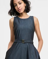 Karl Lagerfeld Paris Women's Jewel-Neck Belted Sleeveless Dress