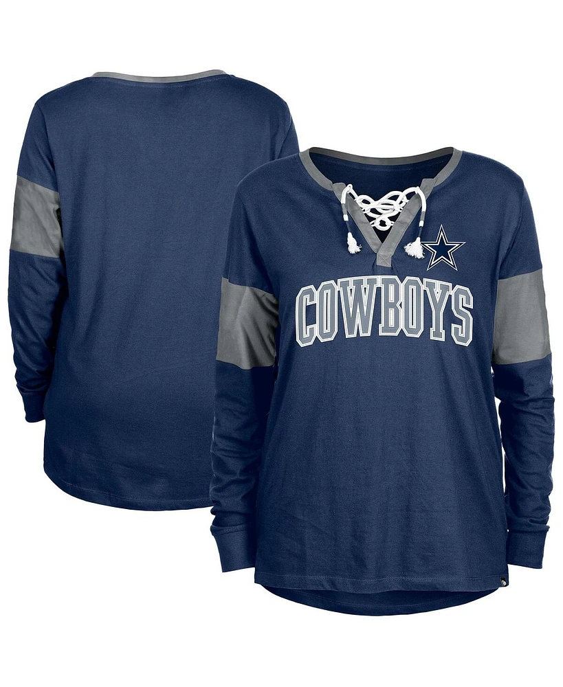 New Era Women's Navy Dallas Cowboys Lace-Up Notch-Neck Long Sleeve T-Shirt