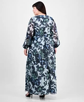 Sl Fashions Plus Floral-Print Blouson-Sleeve Gown