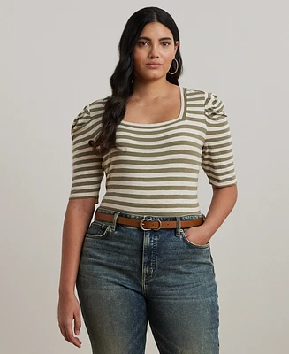 Lauren Ralph Plus Striped Cotton Jersey Puff-Sleeve Tee