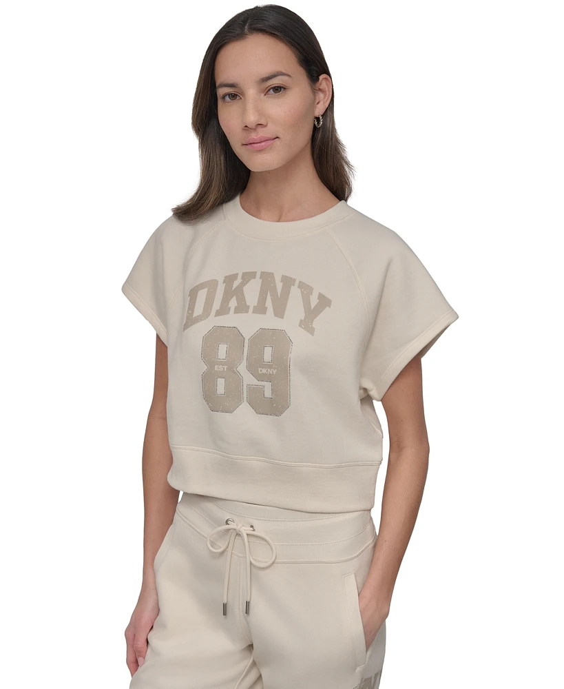 Dkny Sport Women's Rhinestone Logo Cropped Pullover Top