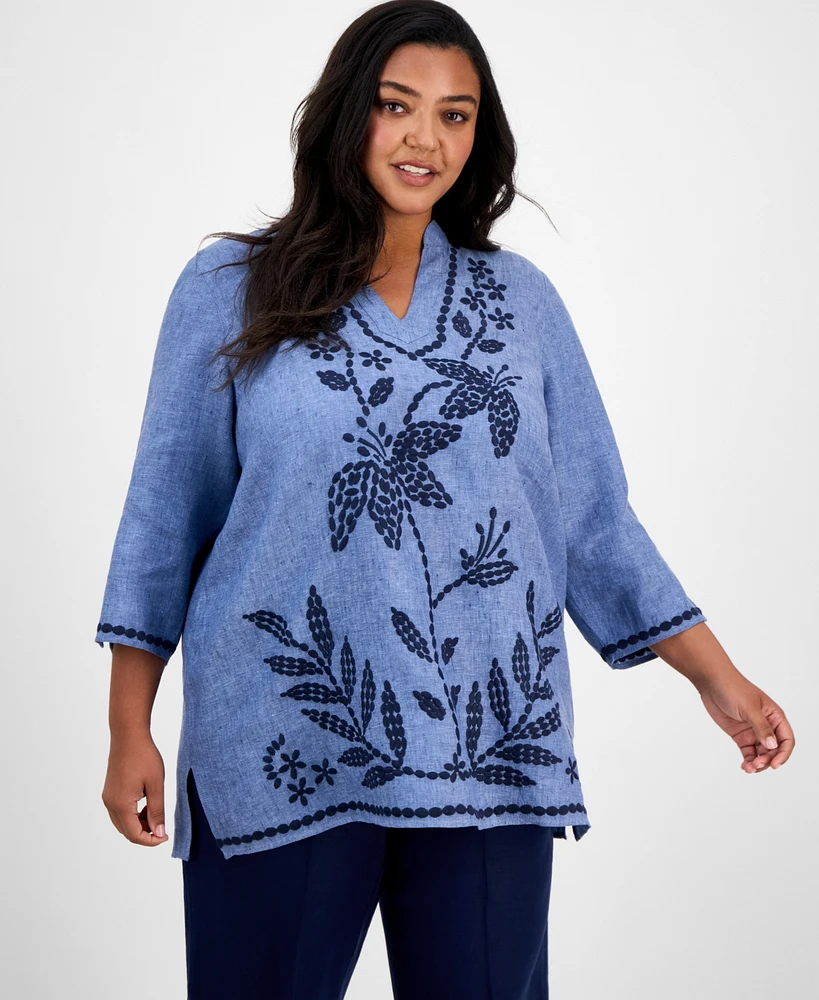 Charter Club Plus Embroidered Linen Tunic, Exclusively at Macy's