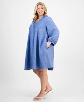 Charter Club Plus Linen Pleated Blouson-Sleeve Shift Dress, Exclusively at Macy's