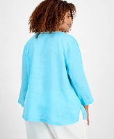 Charter Club Plus Linen Bead-Embellished 3/4-Sleeve Top, Exclusively at Macy's