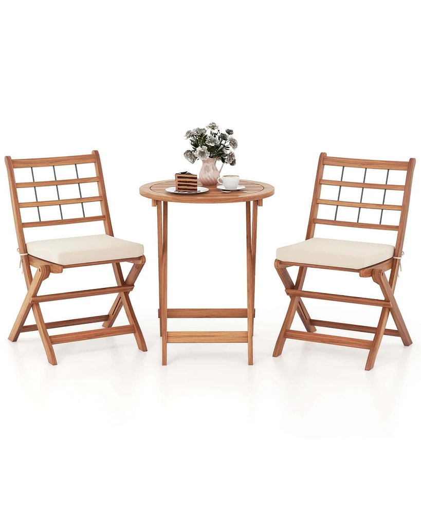 3 Pcs Acacia Wood Patio Bistro Set Folding Outdoor Table and Chairs with Cushions