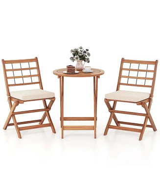 3 Pcs Acacia Wood Patio Bistro Set Folding Outdoor Table and Chairs with Cushions