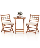 3 Pcs Acacia Wood Patio Bistro Set Folding Outdoor Table and Chairs with Cushions