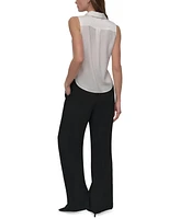 Dkny Petite Button-Front Sleeveless Satin Blouse