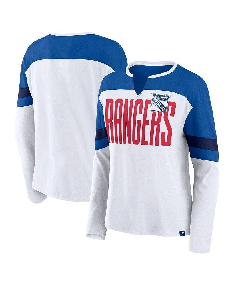 Fanatics Women's White/Blue New York Rangers Frozen Long Sleeve Notch Neck T-Shirt