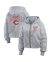 Wear by Erin Andrews Women's Heather Gray Cincinnati Reds Speckled Fleece Cropped Full-Zip Hoodie