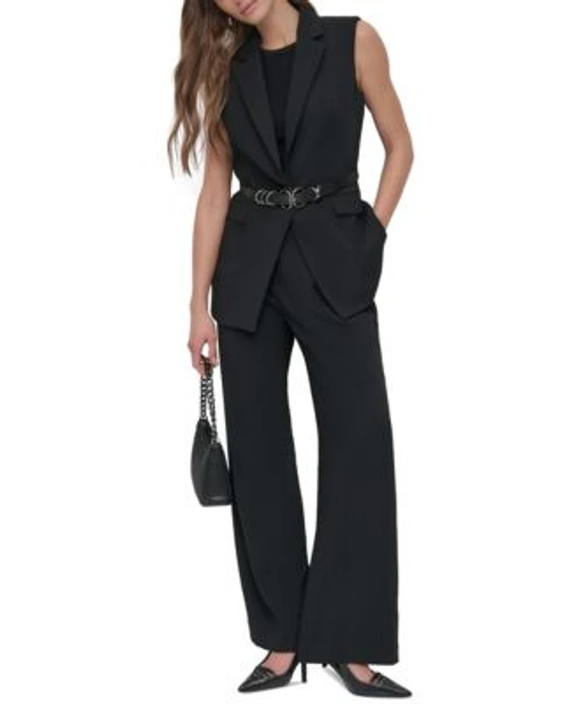 Dkny Petite Belted Vest Pleated Wide Leg Pants