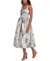 kensie Women's Printed Shimmer Twill Scoop-Neck Midi Dress