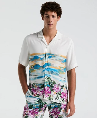 Original Penguin Men's Slim-fit Hibiscus Scene Print Short-Sleeve Button-Down Shirt