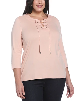 Rafaella Plus Size Lace Up 3/4 Sleeve Top