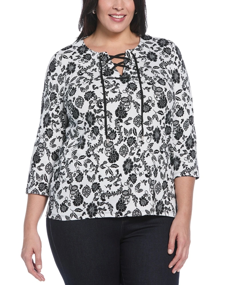 Rafaella Plus Floral Print Lace Up 3/4 Sleeve Top