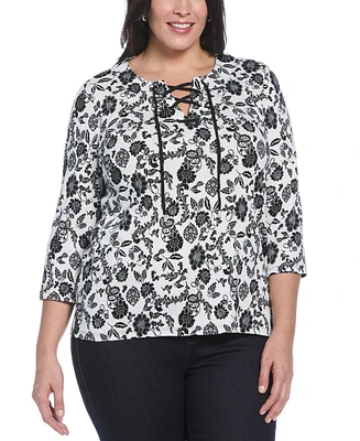 Rafaella Plus Floral Print Lace Up 3/4 Sleeve Top