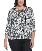 Rafaella Plus Floral Print Lace Up 3/4 Sleeve Top