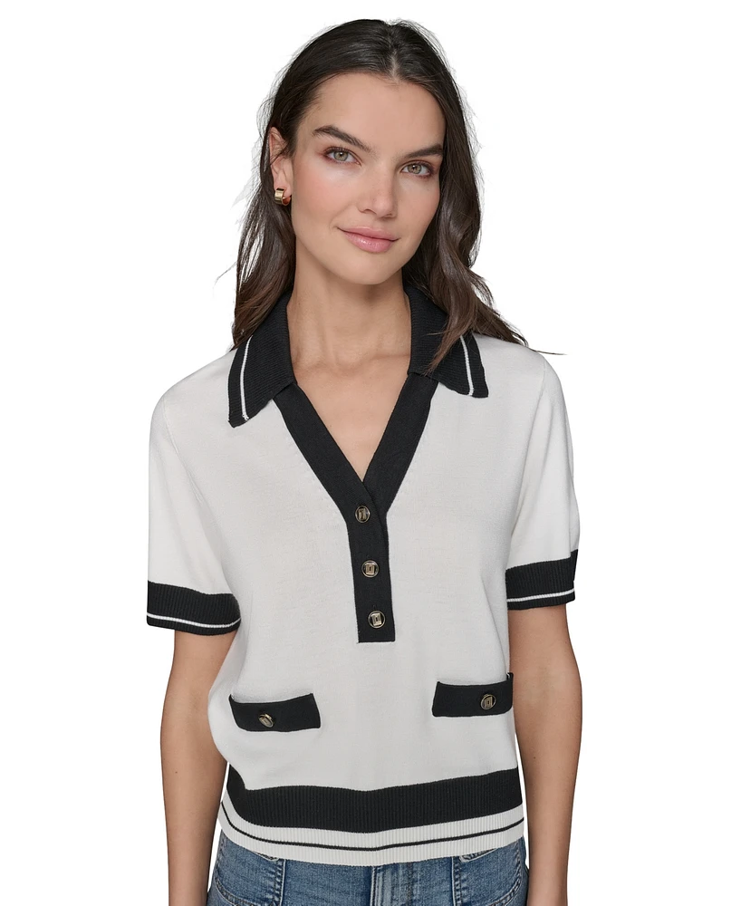Karl Lagerfeld Paris Women's Short-Sleeve Collared Sweater