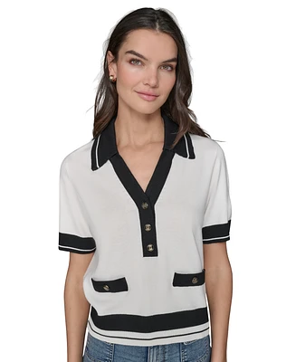 Karl Lagerfeld Paris Women's Short-Sleeve Collared Sweater