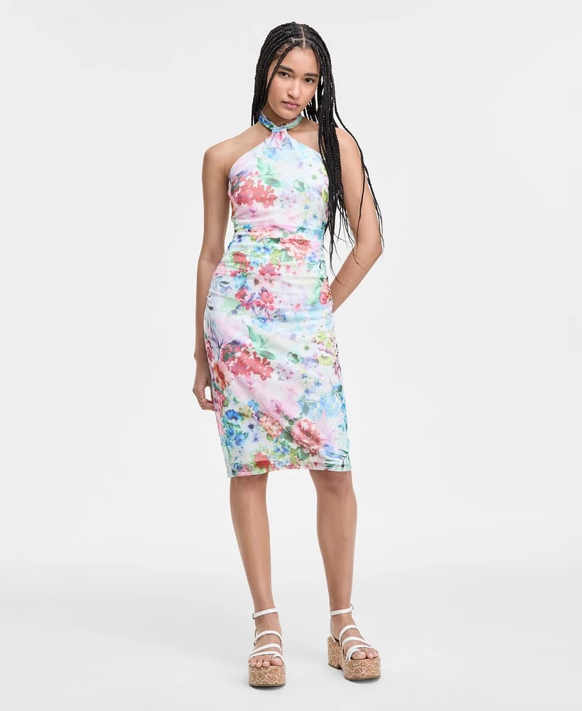 City Studios Juniors' Printed Mesh Tie-Back Halter Dress