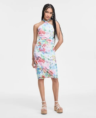 City Studios Juniors' Printed Mesh Tie-Back Halter Dress