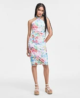 City Studios Juniors' Printed Mesh Tie-Back Halter Dress