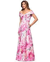 Xscape Women's Printed Off-The-Shoulder Gown