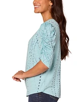 Democracy Petite Printed Ruched-Sleeve Scoop-Neck Top