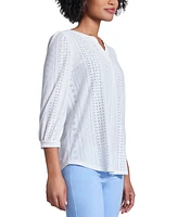 Jones New York Women's Split-Neck Multi Lattice Eyelet Knit Top