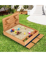 Kids Wooden Square Sandbox with Cover Outdoor Play Area for Sand Play and Protection