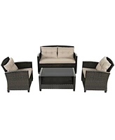 4 Pieces Outdoor Rattan Furniture Set with Glass Table