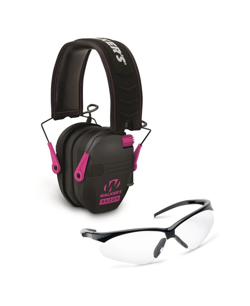 Walker's Razor Slim Electronic Shooting Range Earmuffs (Black/Pink) & Glasses