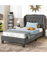 Twin Size Bed Frame with Button Tufted Wingback Headboard Wooden Slats Support