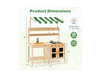 Mud Kitchen Fir Wood Play Kitchen with Canopy and Sink and 4 Stoves