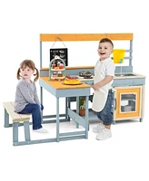 Fir Wood Play Kitchen with Kids Picnic Table and Built-in Bench