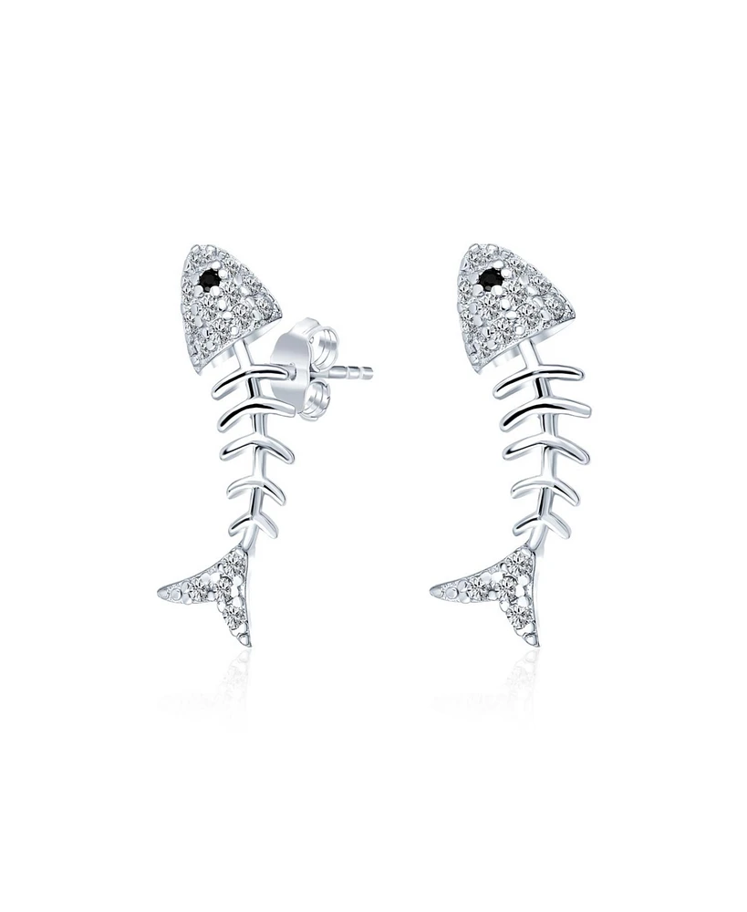 Bling Jewelry Nautical Beach Vacation Cz Stud Earrings Fishbone Design in Sterling Silver