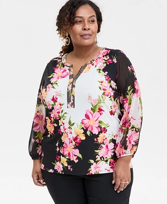 Jm Collection Plus Printed Embellished Top