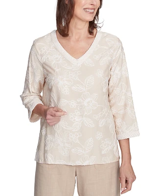 Alfred Dunner Petite Floral-Embroidered 3/4-Sleeve Top