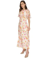 Calvin Klein Women's Floral-Print Cape-Back Chiffon Dress