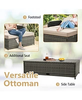 Patio Wicker Loveseat Sofa with Multipurpose Ottoman and Retractable Side Tray