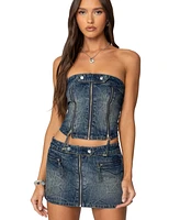 Edikted Womens Guinevere Zip Washed Denim Corset