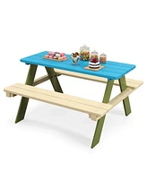 Kids Wooden Picnic Table Set Solid Dining Table with Built-in Benches for Patio