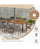 Acacia Wood Dining Table 8-Person Patio Table with Umbrella Hole and Adjustable Foot Pads