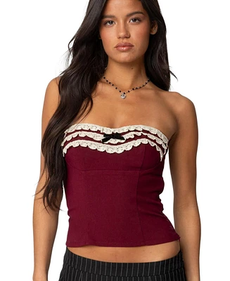 Edikted Womens Eyelet Ruffle Strapless Top